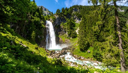 Lush mountain waterfall cascading into a valley, surrounded by dense forest