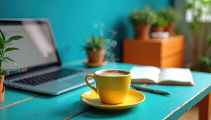 Bright yellow cup with steaming hot coffee rests on turquoise table beside open laptop, notebook. Morning beverage break with plants, orange cabinet in background. Cozy home office work atmosphere.