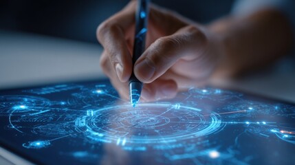 A hand drafting an incident response plan on a digital tablet with a background showcasing holographic graphics of potential threat scenarios and cybersecurity response strategies.