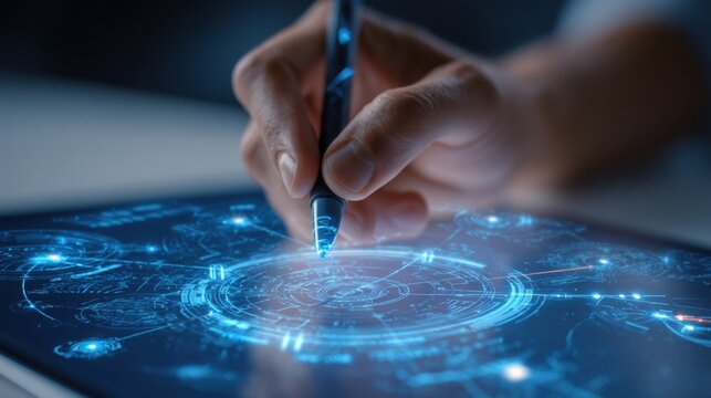 A hand drafting an incident response plan on a digital tablet with a background showcasing holographic graphics of potential threat scenarios and cybersecurity response strategies.