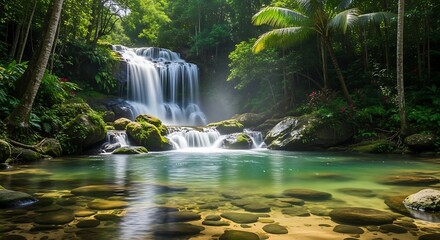 Waterfall in lush jungle.