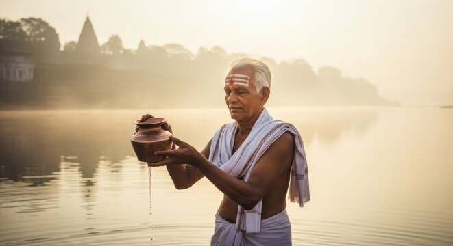 Portrait of a Hindu Priest Performing Morning Ritual on Sacred Riverbank