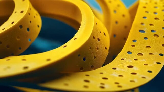 A yellow object with a lot of holes in it is stretched out. It is long and has a unique texture. The holes are scattered all over the surface, creating a visually interesting pattern