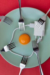 Egg made of raw yolk and white cable, forks on a plate with a red background. Flat lay. Modernism...