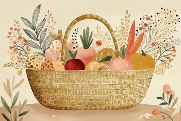 Rustic wicker basket brimming with a colorful array of pumpkins, carrots, red beets, and fresh zucchini, capturing the essence of autumn harvest in a warm, inviting display