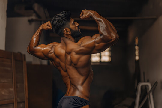 A dedicated indian bodybuilder displays his well-defined muscles in a dimly lit indoor gym, emphasizing strength and fitness during an afternoon workout. Generative AI.