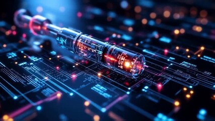 Close-up of a syringe over a neon, futuristic circuit board illustrating biotech technology and medicine. - Powered by Adobe