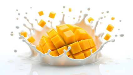 Fresh mango chunks splashing into creamy milk isolated on white background