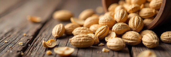 Close-up shot of shelled peanuts scattered on a rustic wooden surface, perfect for illustrating squirrel food or autumn themes ,  organic,  healthy,  protein source