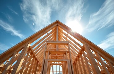 New residential home framing under blue sky. Wooden structure beams form roof and walls for future dwelling. Construction site shows development progress, real estate project growth.
