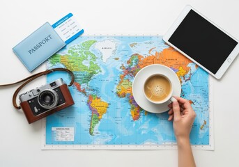 Travel planning with world map, camera, and coffee