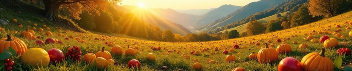 Golden sunlight bathes a lush valley floor, overflowing with ripe crops ready for harvest Abundant fruits and vegetables fill the landscape, a picturesque scene of autumnal bounty , meadow, crops