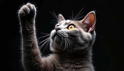 Elegant grey cat with bright yellow eyes reaches paw up in dramatic lighting. Close-up portrait shows playful curiosity, soft shadows. Graceful feline gesture, domestic pet, interior setting.
