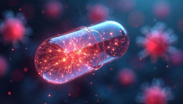Visualization of Citicoline, CDP Choline supplement capsule. Inner capsule displays glowing neural network connections, suggesting brain enhancement. Nutrient formulation for improved cognition,