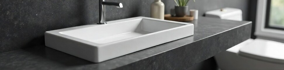 Sleek, modern sink design featuring a minimalist white ceramic basin integrated into a stylish, dark grey countertop Perfect for contemporary bathrooms and kitchens , white sink, home decor