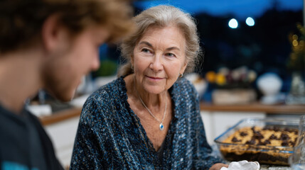 A candid moment in a kitchen where an elderly woman shares a warm glance with a young man, emphasizing the bond cultivated in shared culinary experiences and memories.