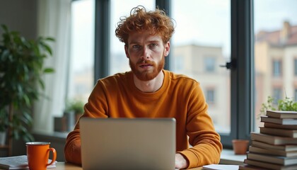 Young man with curly red hair, beard works intently on laptop at home office. Sits at desk wearing orange sweater, focused expression, calm demeanor. Window view provides city backdrop, technology,