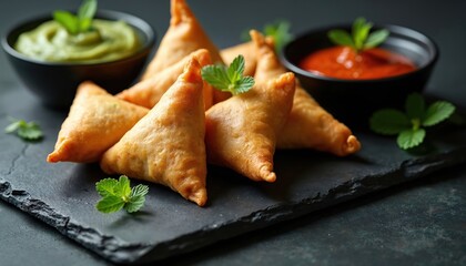 Golden-brown samosas with crispy pastry served alongside green chutney, red sauce on black slate board. Traditional Indian snacks perfect for appetizers savory treats, offering delicious taste of