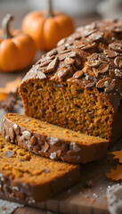 Loaf of Thanksgiving pumpkin bread topped with sweet chocolate frosting resting on a rustic cutting board symbolizing seasonal holiday dessert, autumn baked goods, festive food