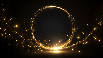 Gold glitter circle of light shine sparkles and goldn spark particles in circl frame on black background Christmas magic stars glo, firework confetti of glitery ring shimmer