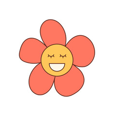 Groovy retro cartoon flower face in cute yellow. Smile and happy look form a playful groovy element, with bright y2k graphic style as a fun, cheerful accent for creative projects.