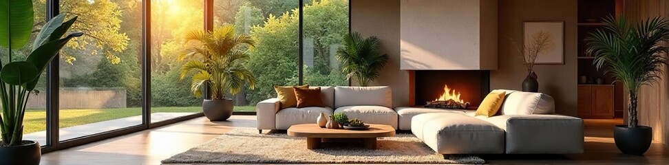 Cozy living room with fireplace and large windows offering abundant natural light, perfect for a relaxing atmosphere Ideal for home decor and real estate websites , real estate, comfortable