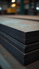 Stack of raw, unfinished steel sheets; cold-rolled, ready for processing and manufacturing  Industrial, metallic texture, blank surface, perfect for design and fabrication  , metal sheet, workshop