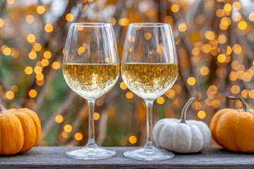 Thanksgiving toast moment features wine glasses, warm autumn pumpkins, glowing bokeh lights