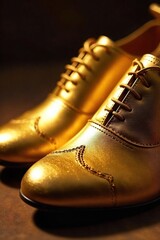 Close-up shot of shimmering golden soles of elegant shoes, reflecting light, luxurious texture, detail of craftsmanship , style shoes, gold, high-end