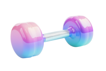 Sparkling pink blue and purple dumbbell isolated on transparent background. Glossy dumbbell with a pastel shine featuring gradient colors in blue pink and purple isolated on white background.