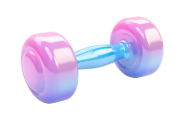Sparkling pink blue and purple dumbbell isolated on transparent background. Glossy dumbbell with a pastel shine featuring gradient colors in blue pink and purple isolated on white background.