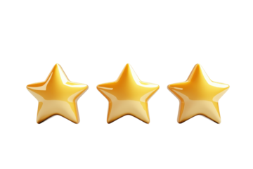 Golden stars in a row isolated on transparent background. Gold best star rating design element isolated on white background, 3d rendering.