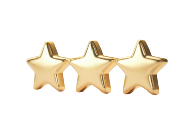 Golden stars in a row isolated on transparent background. Gold best star rating design element isolated on white background, 3d rendering.