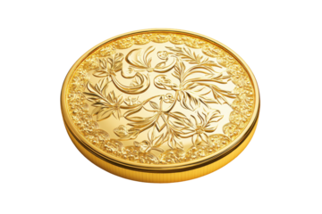Ornate antique gold coin isolated on transparent background. Gold coin money isolated on white background, 3d rendering.