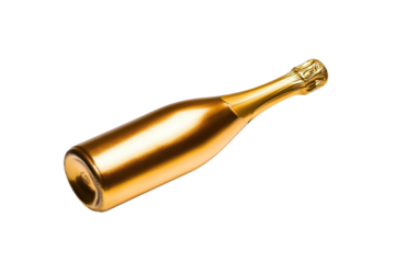 Shiny golden champagne bottle standing upright isolated on transparent background. Gold champagne bottle with elegant design isolated on white background.