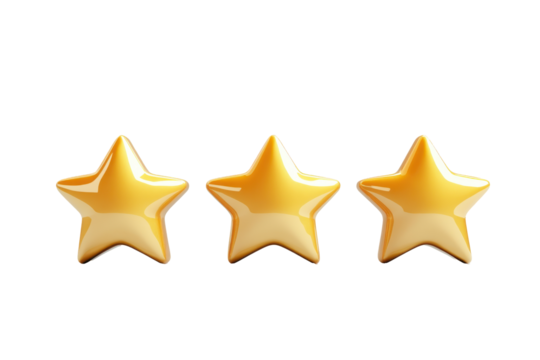 Golden stars in a row isolated on transparent background. Gold best star rating design element isolated on white background, 3d rendering.