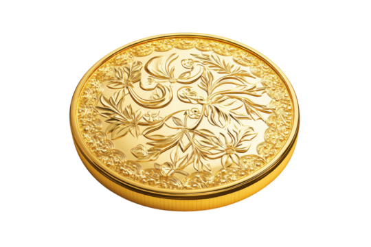 Ornate antique gold coin isolated on transparent background. Gold coin money isolated on white background, 3d rendering.