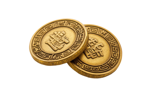 Golden chinese coin with traditional symbols isolated on transparent background. Gold chinese coin isolated on white background.