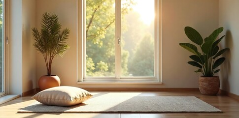 Serene meditation space bathed in soft natural light, featuring a comfortable cushion and calming decor Perfect for mindfulness, yoga, and relaxation , balance, peaceful room