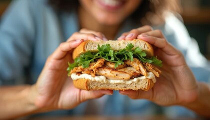Close-up of delicious sandwich held by smiling person. Juicy grilled chicken, creamy sauce, fresh greens on toasted bread. Wholesome, fresh lunchtime meal, savory bite, pure enjoyment, culinary