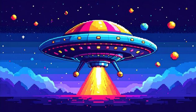 Pixelated ufo arrival scene with vibrant cosmic retro aesthetic