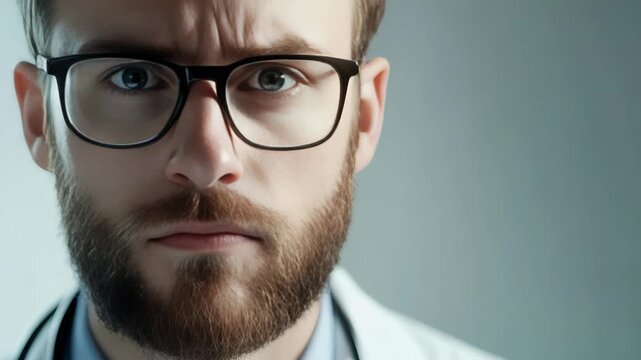 Intense look on man's face, beard and glasses for professional appearance.