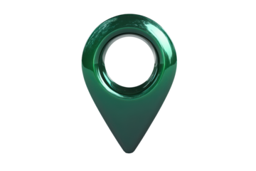 Shiny green location pin icon isolated on transparent background. Green location pin icon with a hole in the center sleek and glossy design isolated on white background, 3d rendering.