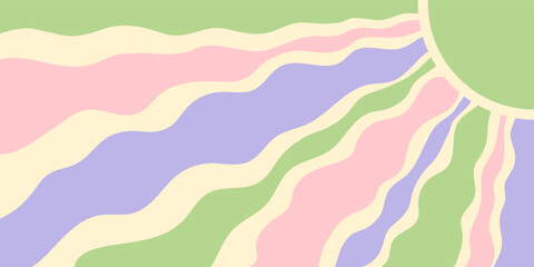 Groovy retro sun burst with wavy yellow rays and colorful background. Sunshine and burst in bold y2k style, horizontal orientation. Vivid sun graphic perfect for trendy poster or creative use.