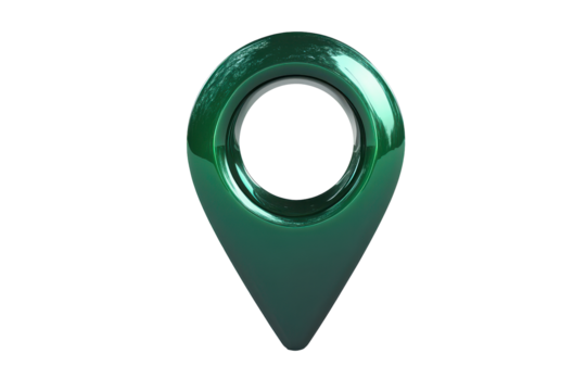 Shiny green location pin icon isolated on transparent background. Green location pin icon with a hole in the center sleek and glossy design isolated on white background, 3d rendering.