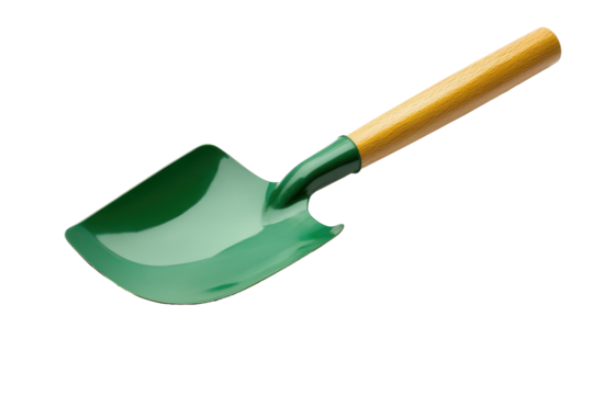 Small garden trowel with wooden handle isolated on transparent background. Green shovel with a wooden handle design for versatile gardening tasks isolated on white background.