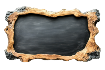 Rustic wooden framed blackboard isolated on transparent background. Horizontal black chalkboard with a wooden frame isolated on white background.