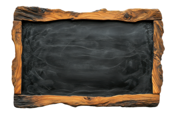 Rustic wooden framed blackboard isolated on transparent background. Horizontal black chalkboard with a wooden frame isolated on white background.