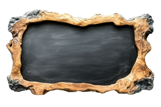 Rustic wooden framed blackboard isolated on transparent background. Horizontal black chalkboard with a wooden frame isolated on white background.