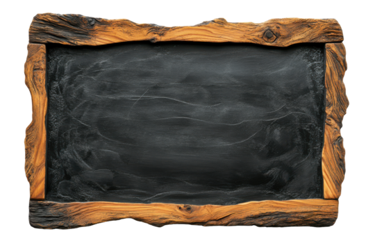 Rustic wooden framed blackboard isolated on transparent background. Horizontal black chalkboard with a wooden frame isolated on white background.